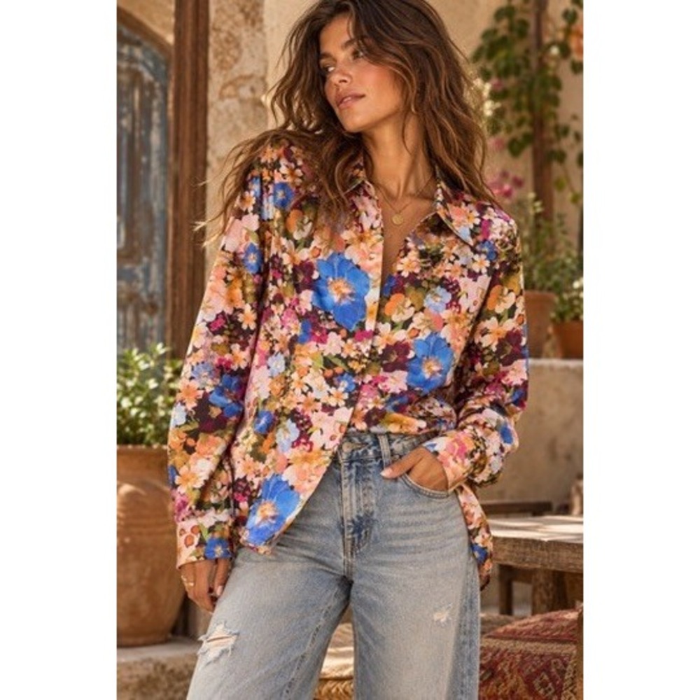 Ted Baker London Slizza Floral Print Button Down Shirt Size 2 Multicolored